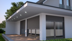 Window roller illustration - modern house with terrace, 3D illustration