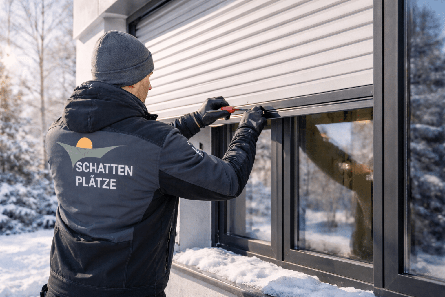 rollladen-reparatur-voerde-gurt-motor.jpg Techniker von Schattenplätze tauscht einen Rollladengurt bei einem Kunden in Voerde.